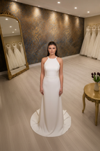 NIL-059 Sleek Halter Neck Satin Crepe Bridal Gown – Front View