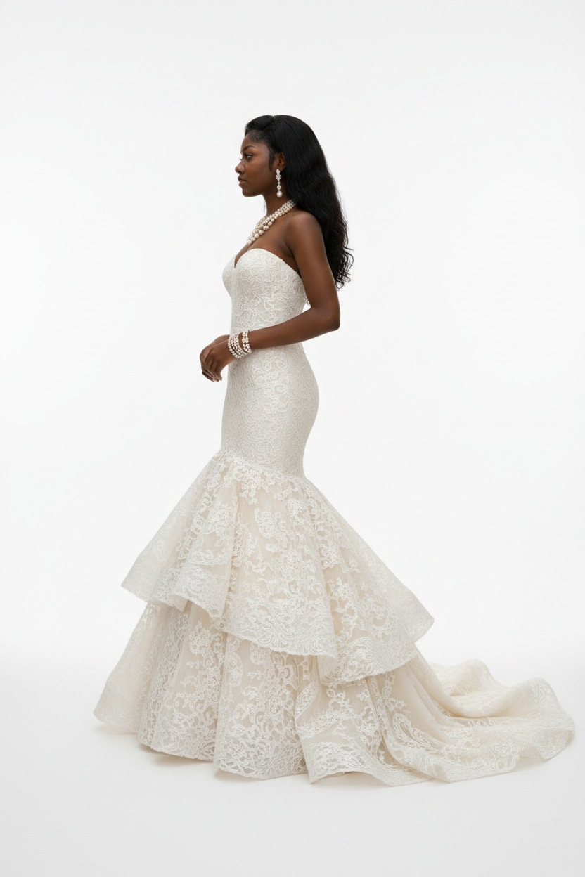 NIL-114 Cream Fit and Flare Wedding Dress – Side View
