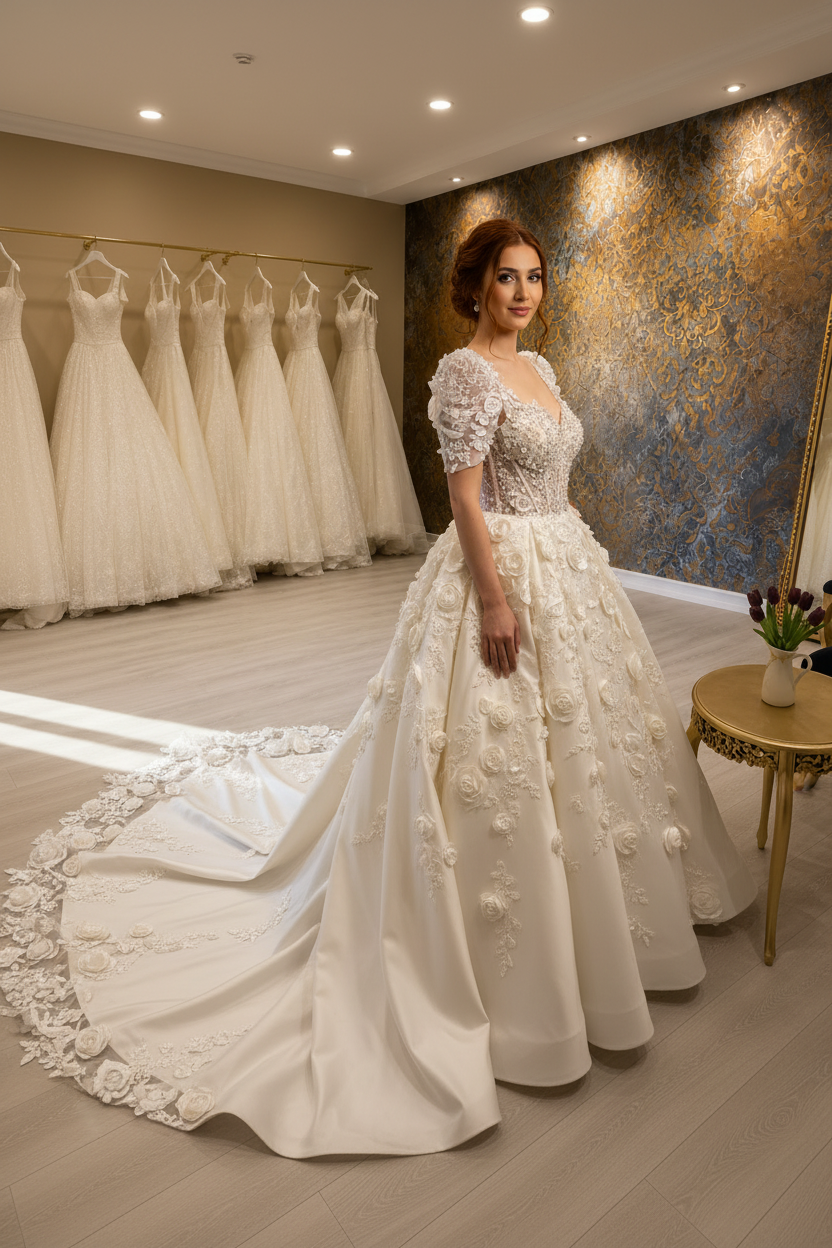 NIL-203 – Ivory Duchess satén 3D French Rose plesové šaty – Sweetheart – katedrální vlečka