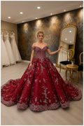 NIL-NS-271 Crimson Red Royal Crystal Princess Engagement Dress - Front View