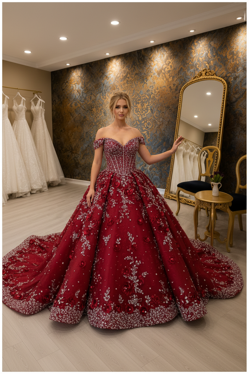 G21-NS-271 Crimson Red Royal Crystal Princess Engagement Dress — Gulf Edition