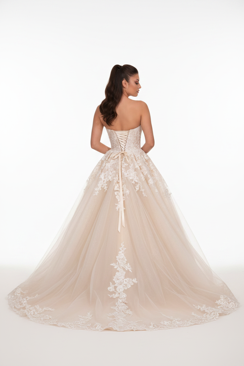 NIL-117 champagne Detachable Overskirt Brudekjole – bagfra