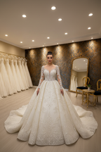 NIL-019 off white Ivory Βασιλικό πριγκιπικό φόρεμα μπάλα χιτζάμπ στυλ μπροστινή όψη