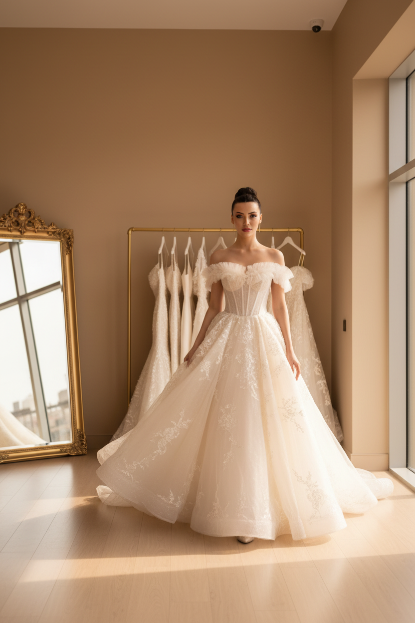 NIL-060 Off-Shoulder Ruffle Princezna šaty – Wide Shot
