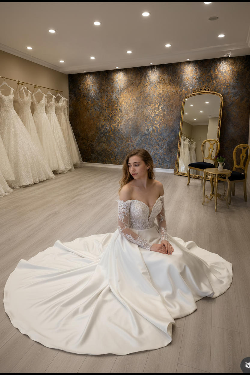 NIL-265 Off-Shoulder raso Ballgown - Seated Pose
