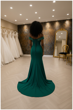 NIL-NS-261 Emerald Green Gold Crystal Fit-and-Flare Engagement Dress - Back View