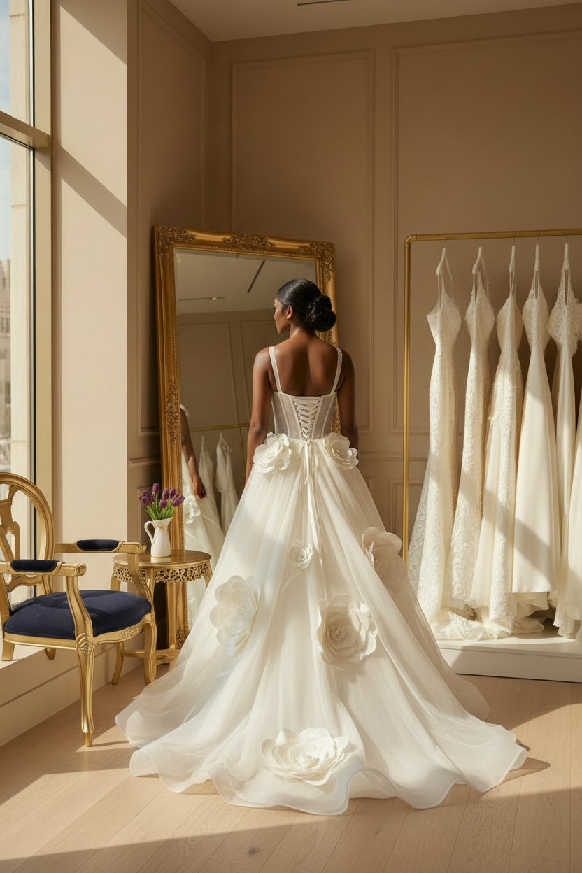 NIL-087 Oversized Floral Applique Couture Bridal Gown – Back View