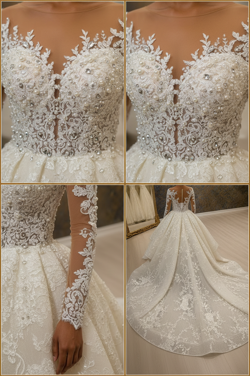NIL-027 Soft Ivory Royal Princess Ball Gown detail craftsmanship collage by NIL Wedding Dress