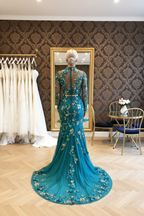 NIL-NS-245 Teal Turquoise Gold Crystal Mermaid Engagement Dress - Back View