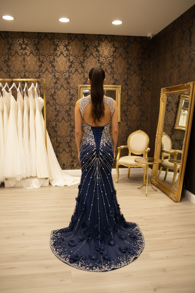 NIL-NS-264 Navy Blue Royal Crystal Mermaid Engagement Dress - Back View