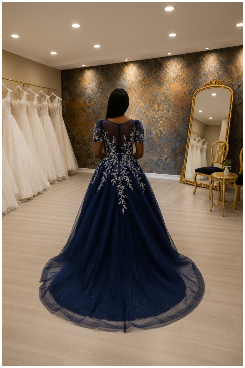 NIL-NS-260 Navy Blue Silver Crystal Pearl Ball Gown Engagement Dress - Back View