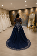 NIL-NS-260 Navy Blue Silver Crystal Pearl Ball Gown Engagement Dress - Back View