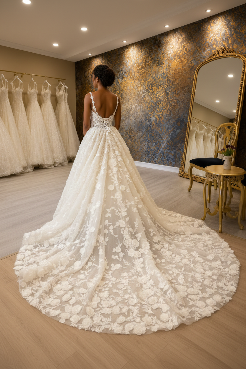 NIL-056 3D Floral Fairytale Brautrobe – Rückansicht