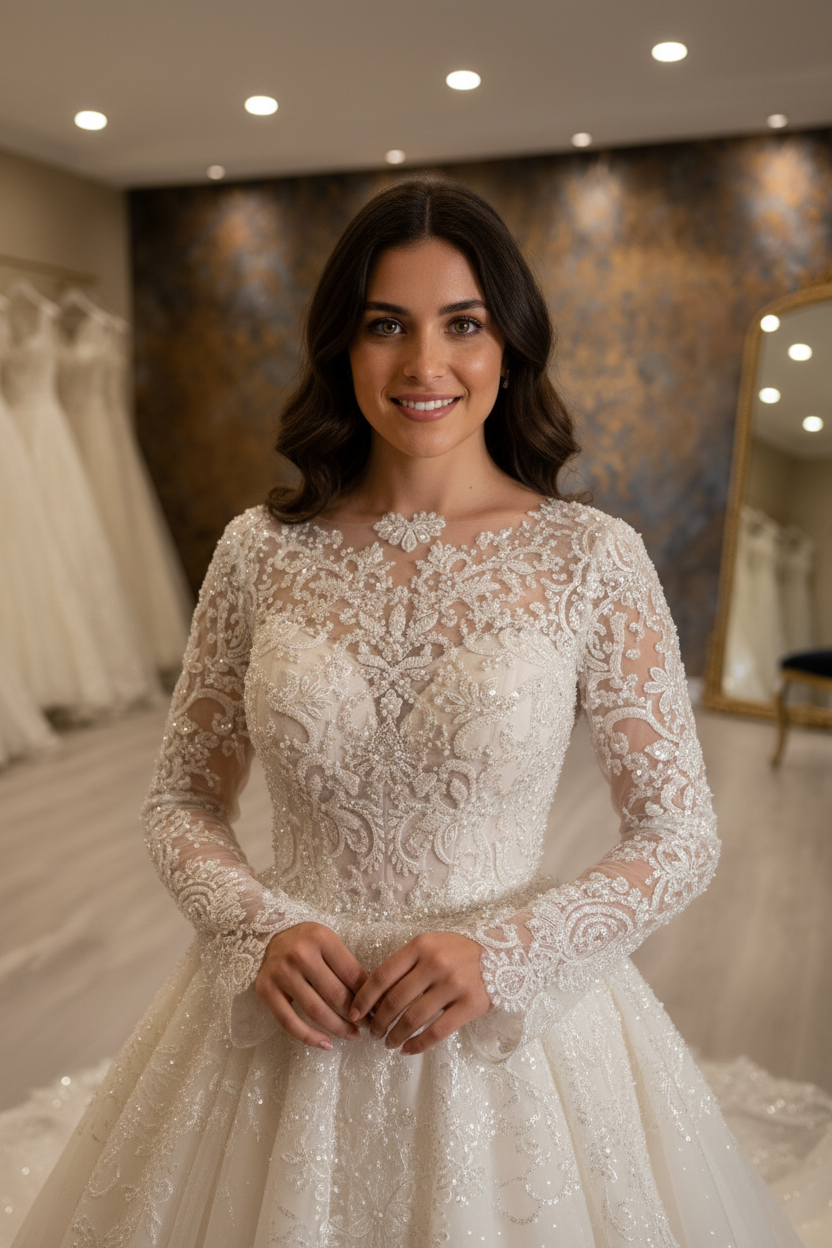 G21-257 Baroque Pearl & Crystal Bead Embroidered Lace Ball Gown | Long Flared Sleeves | Couture Bridal