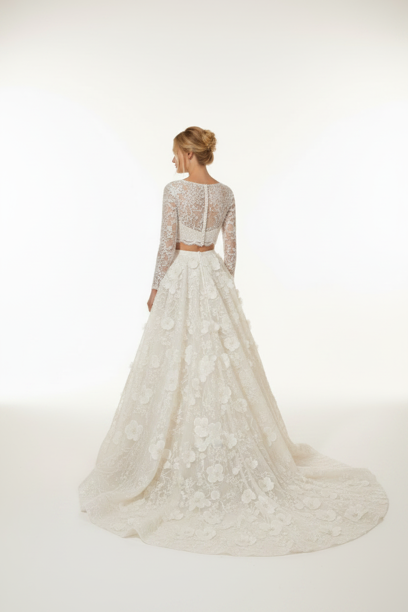NNC-110 Ivory Two-Piece Floral Νυφικό Set - πίσω όψη με Detachable ουρά