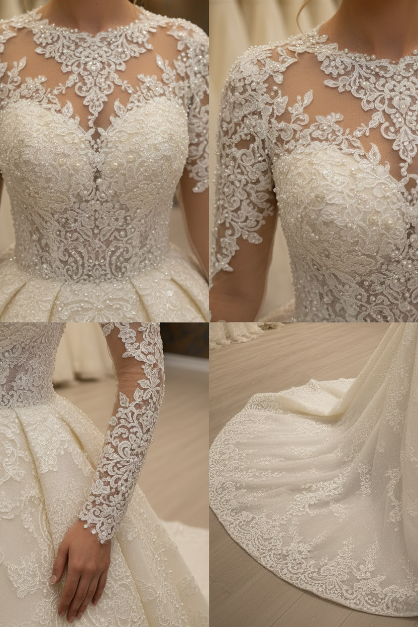 NIL-021 Soft Ivory Royal Princess Ball Gown detail craftsmanship collage by NIL Wedding Dress