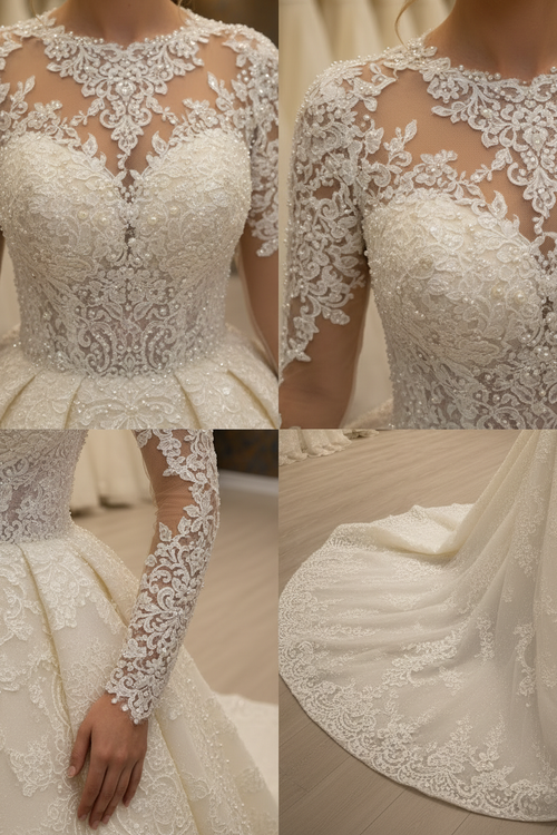 NIL-021 Soft Ivory Royal Princess Ball Gown detail craftsmanship collage by NIL Wedding Dress