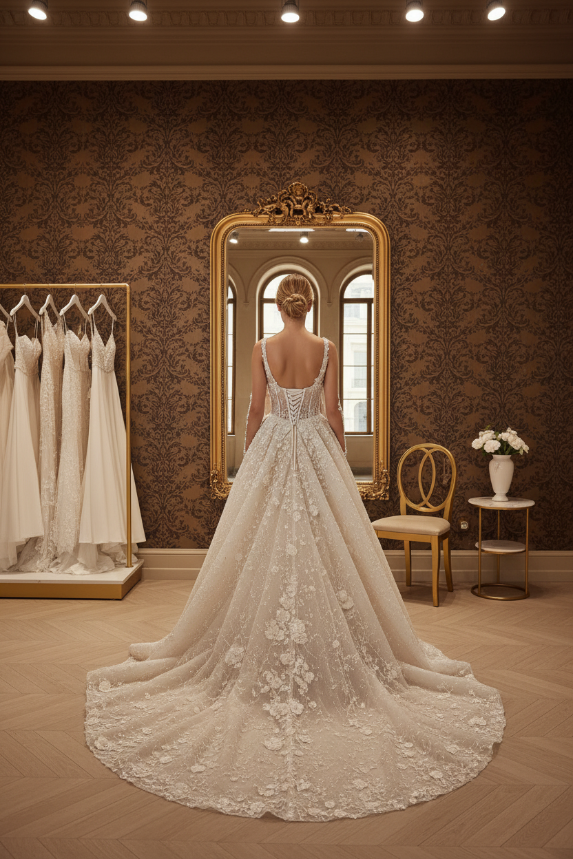 NIL-NS-237 Champagne Gold Crystal Trumpet Engagement Dress - Back View
