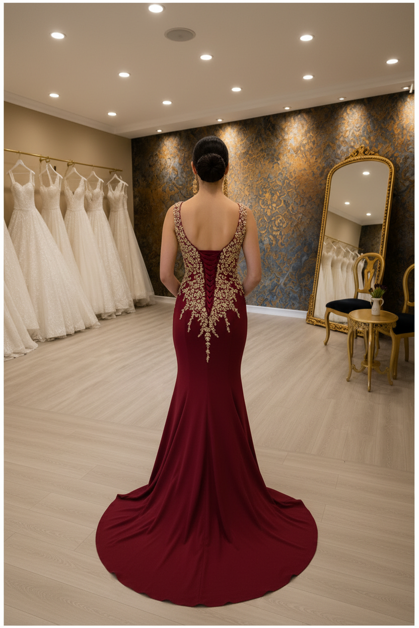 NIL-NS-259 Crimson Red Gold Crystal Mermaid Engagement Dress - Back View