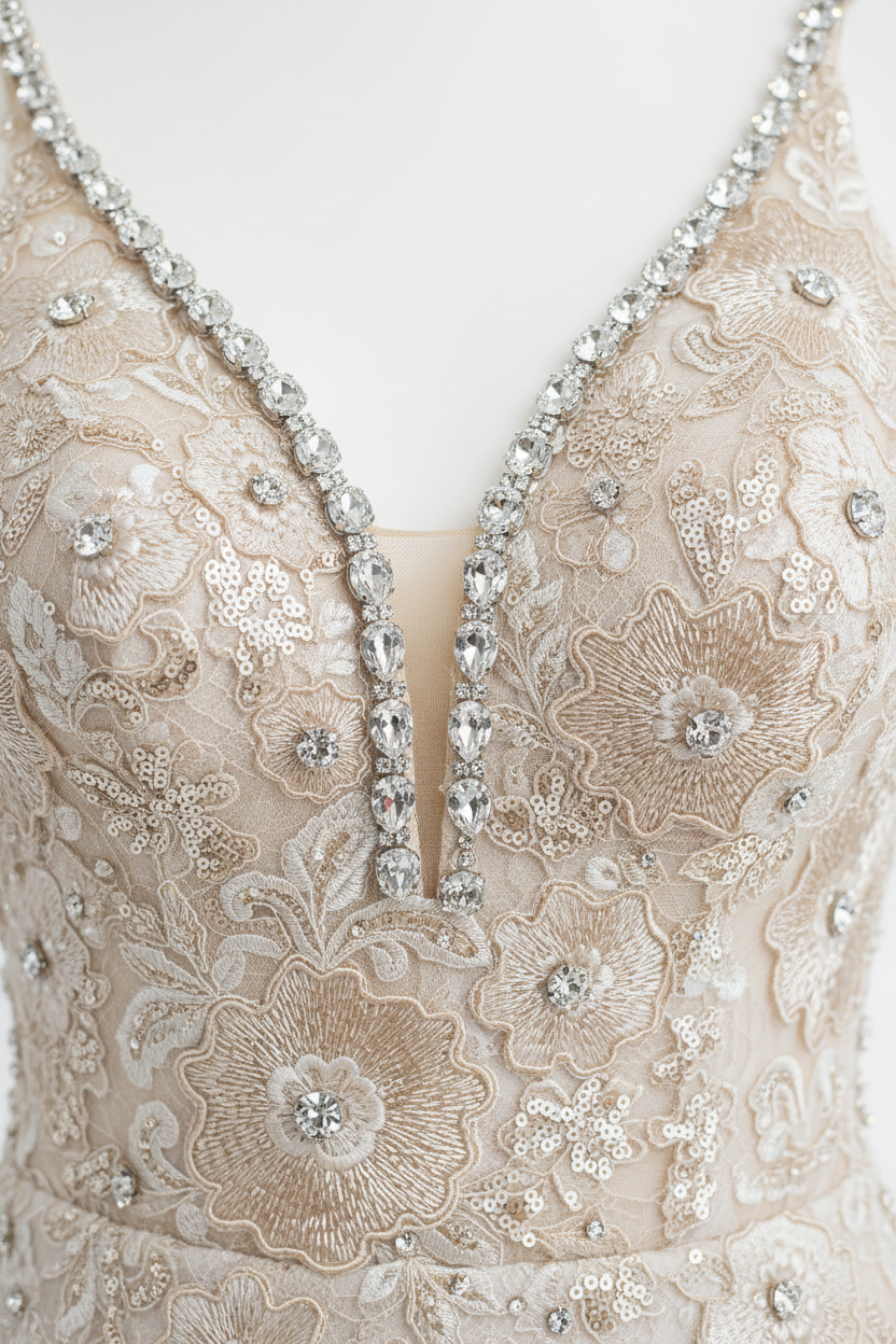 NIL-125 Krystal strap og sequin blonde embroidery detail on deep V bodice by NIL Brudekjole