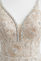 NIL-125 Krystal strap og sequin blonde embroidery detail on deep V bodice by NIL Brudekjole