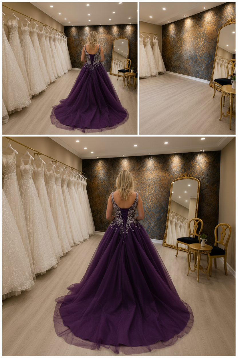 NIL-NS-248 Deep Purple Amethyst Crystal Ball Gown Engagement Dress - Back View
