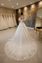 NIL-060 Off-Shoulder Ruffle Princezna svatební róba – pohled zezadu