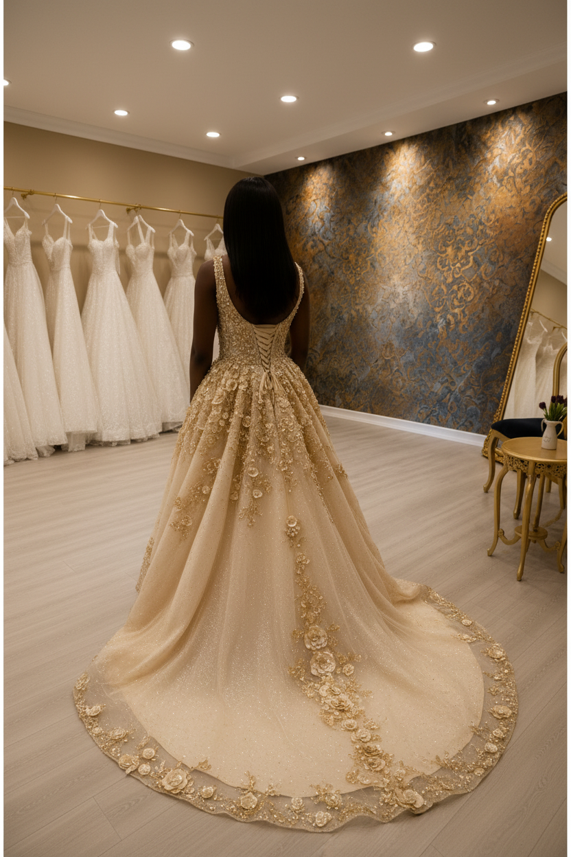 NIL-NS-267 Gold Champagne Royal Crystal Ball Gown Engagement Dress - Back View