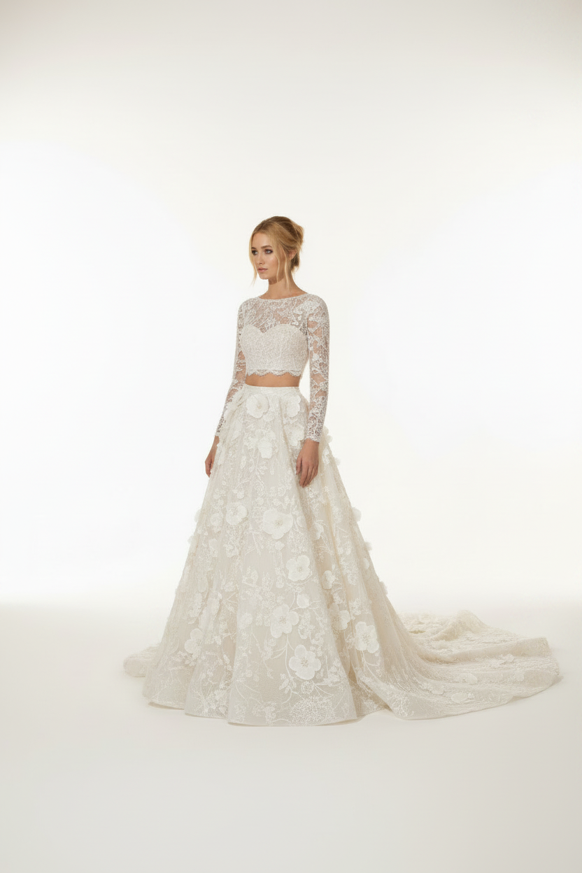 NNC-110 Ivory Two-Piece Floral Νυφικό Set - Three-Quarter όψη