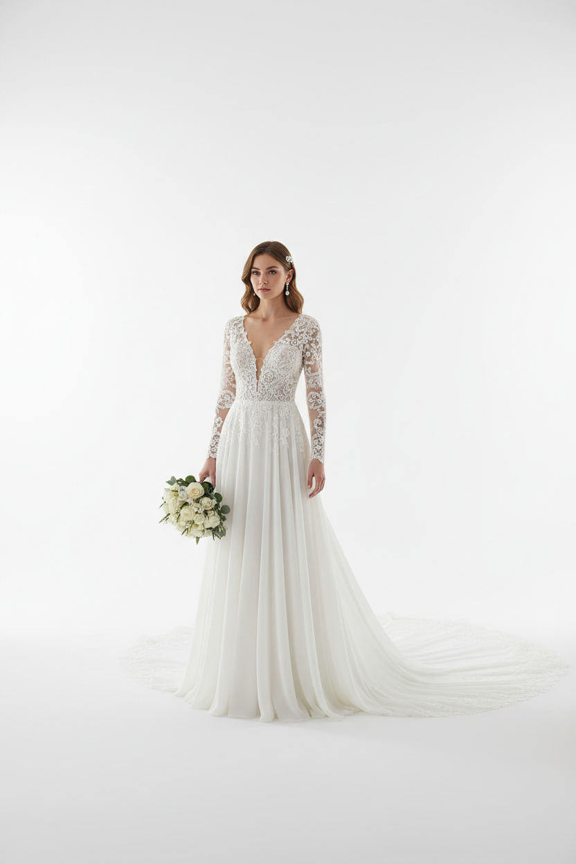 NIL-132-SOFT-IVORY-A-LINE-WEDDING-DRESS-CRYSTAL-LACE-ILLUSION-NECKLINE-LONG-SLEEVE-CRYSTAL-PEARL-BEADING-NATURAL-WAIST-CHAPEL-TRAIN-MODERN-MODEST--GULF-HIJAB-FRIENDLY-FRONT-VIEW