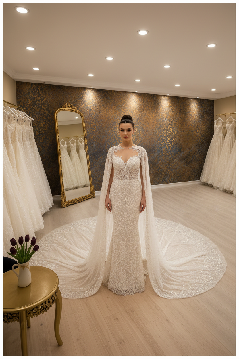 NIL-066 Detachable Cape strascico abito da sposa – vista frontale