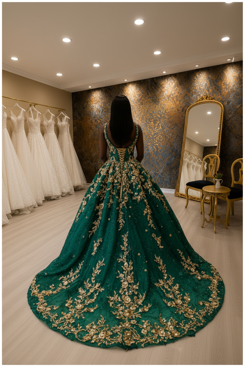 NIL-NS-273 Emerald Green Royal Crystal Ball Gown - Back View