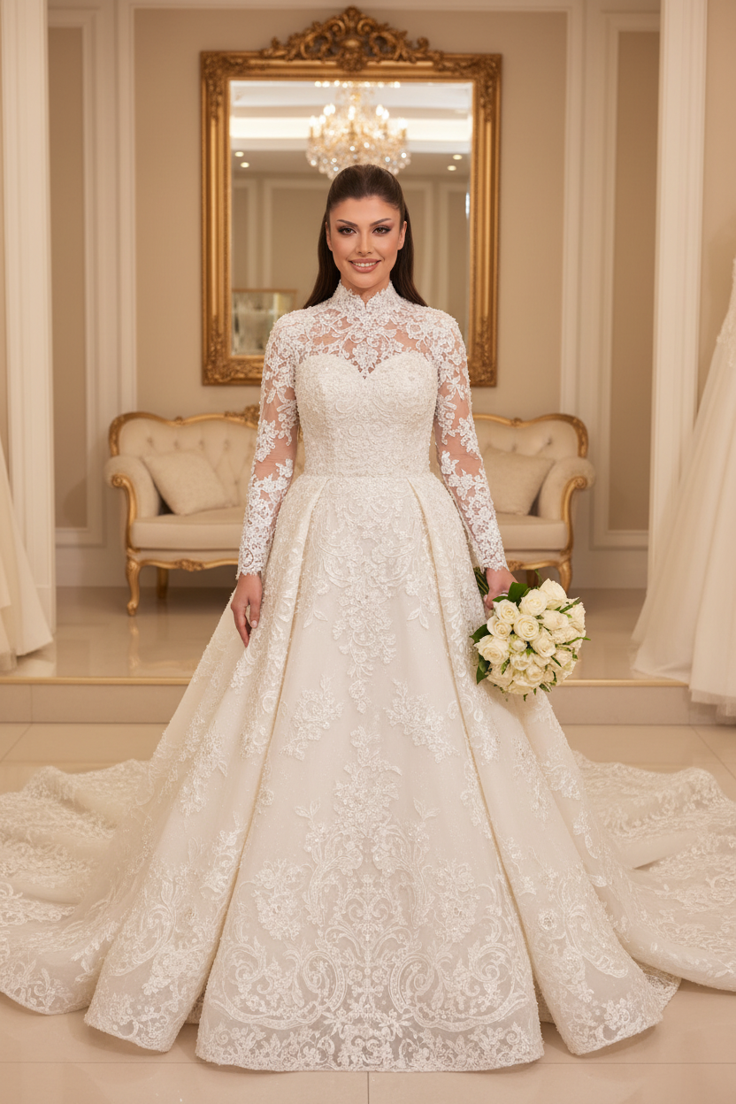 G21-225 Hijab Wedding Dress - Rose Bouquet Lace Front Gown