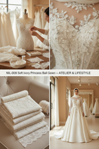 NIL-009 blød ivory prinsessebalkjole atelier lifestyle collage by NIL Brudekjole