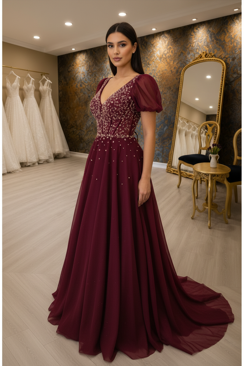 G21-NS-246 Burgundy Rose Gold Crystal A-Line Engagement Dress