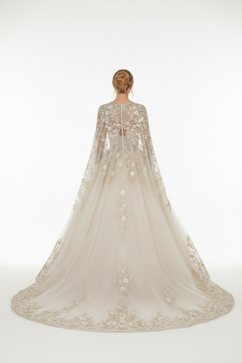 NNC-109 Ivory أميرة Cape فستان عروس - منظر خلفي