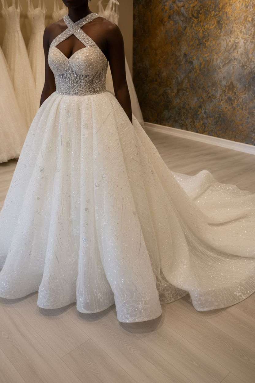 NIL-261 Crystal Cross-Strap Ballgown - Skirt Volume & Train Detail