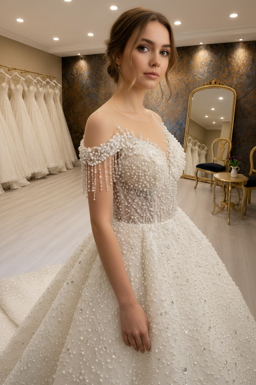 G21-263 3D Pearl Branch Crystal Illusion Ballgown Wedding Dress