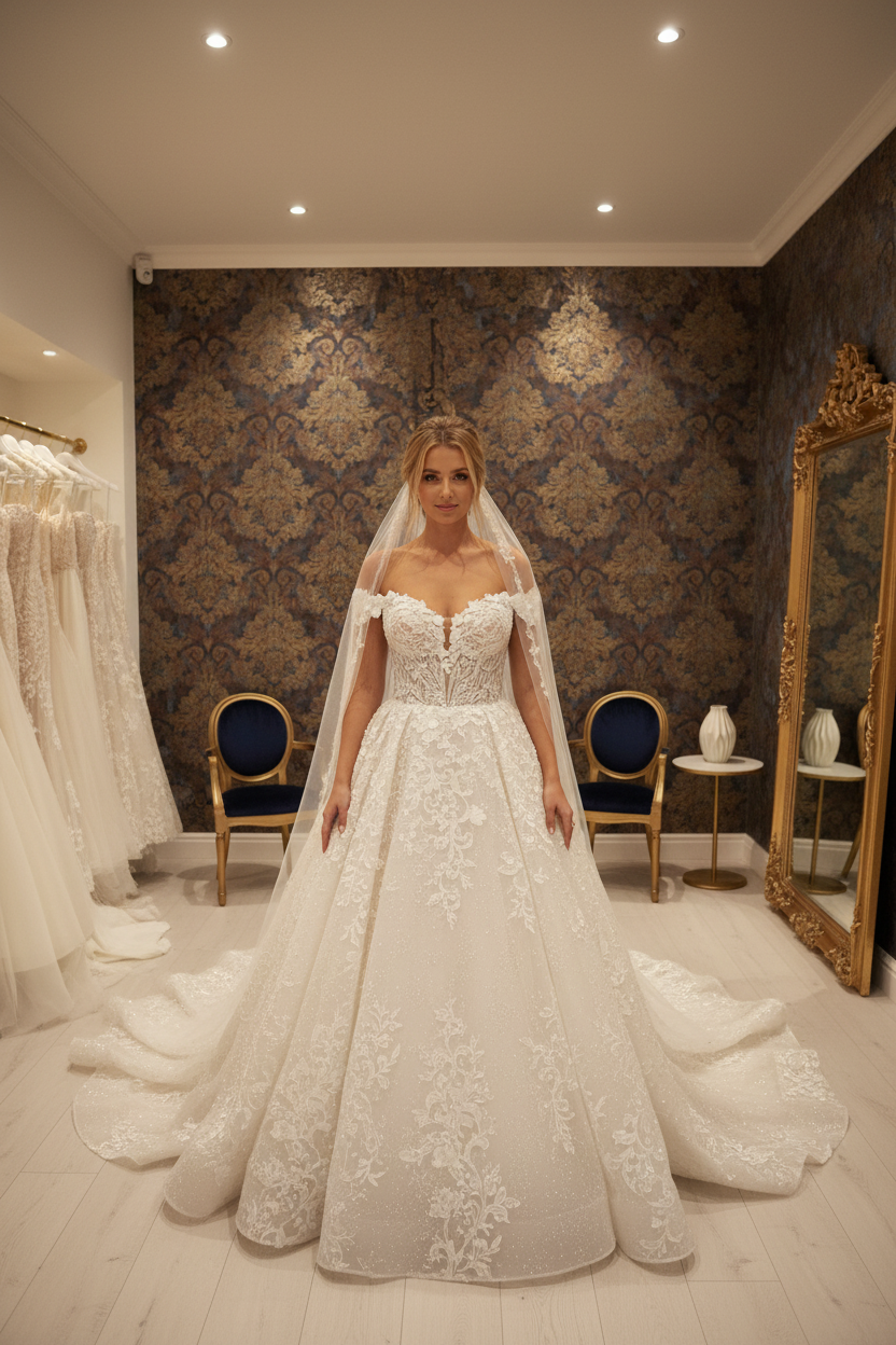 G21-250 Off-Shoulder Lace Ball Gown with Cathedral Veil | 3D Floral Neckline | Corseted Waist | Couture Bridal