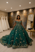 NIL-NS-273 Emerald Green Royal Crystal Ball Gown - Front View