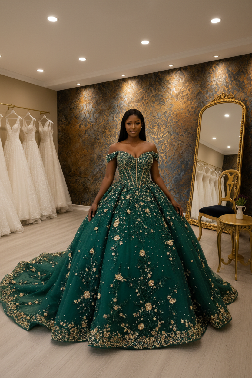 NIL-NS-273 Emerald Green Royal Crystal Ball Gown - Front View