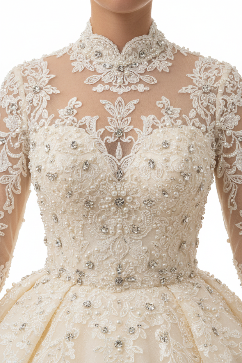 NIL-123 crystal beading and lace detail on high neckline bodice by NIL Wedding Dress
