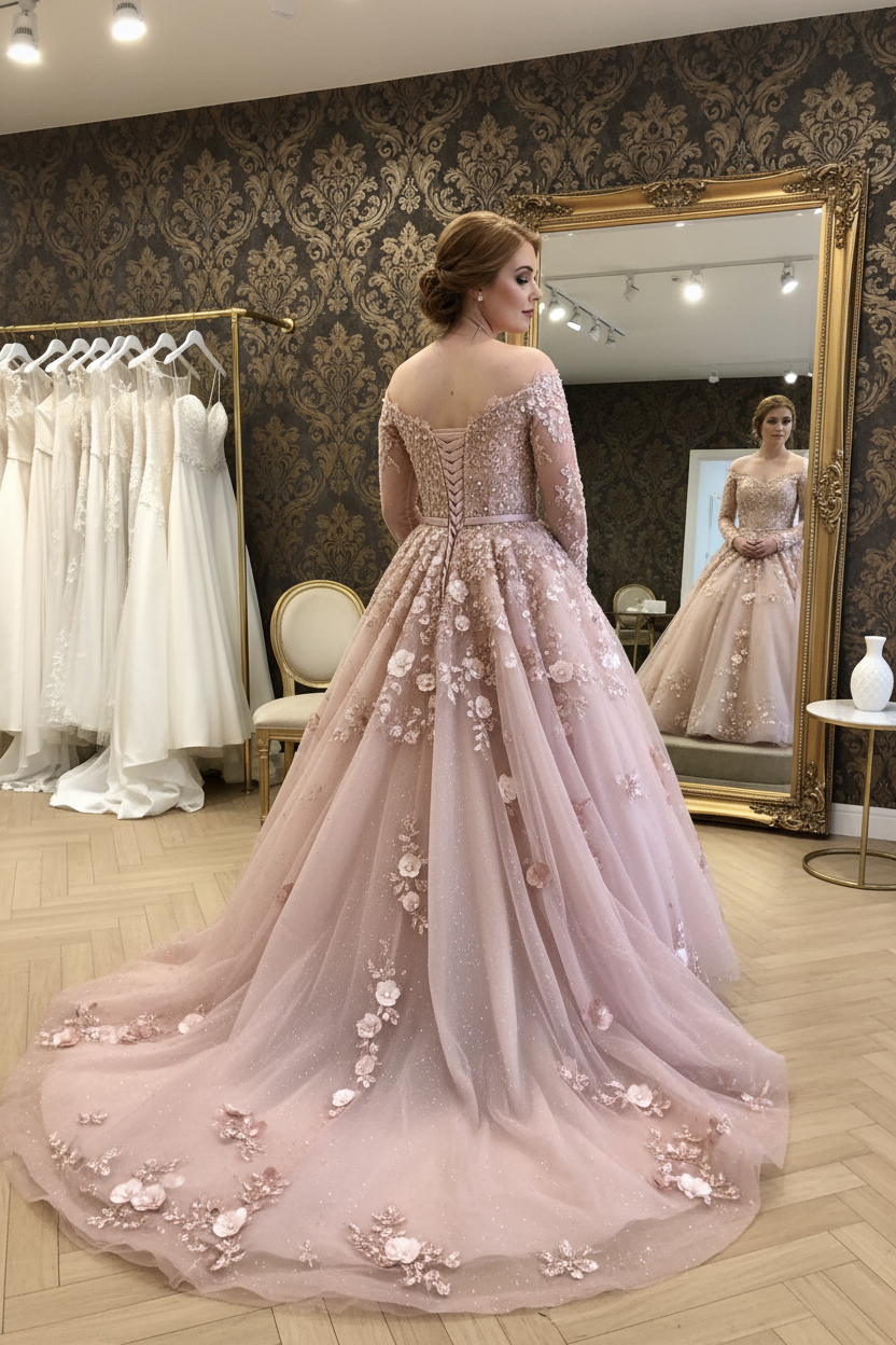 NIL-NS-113 Dusty Rose Blush Princess Ball Gown Engagement Dress - Back View