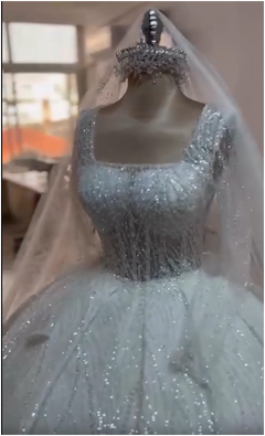 G21-021 – A-Line A-Shaped Ivory Square Neck Sleeveless Glitter Tulle Crystal Beaded Chapel Train Flared A-Line Style Wedding Dress