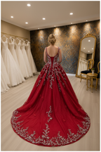 NIL-NS-271 Crimson Red Royal Crystal Princess Engagement Dress - Back View
