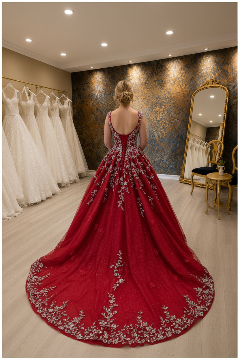NIL-NS-271 Crimson Red Royal Crystal Princess Engagement Dress - Back View