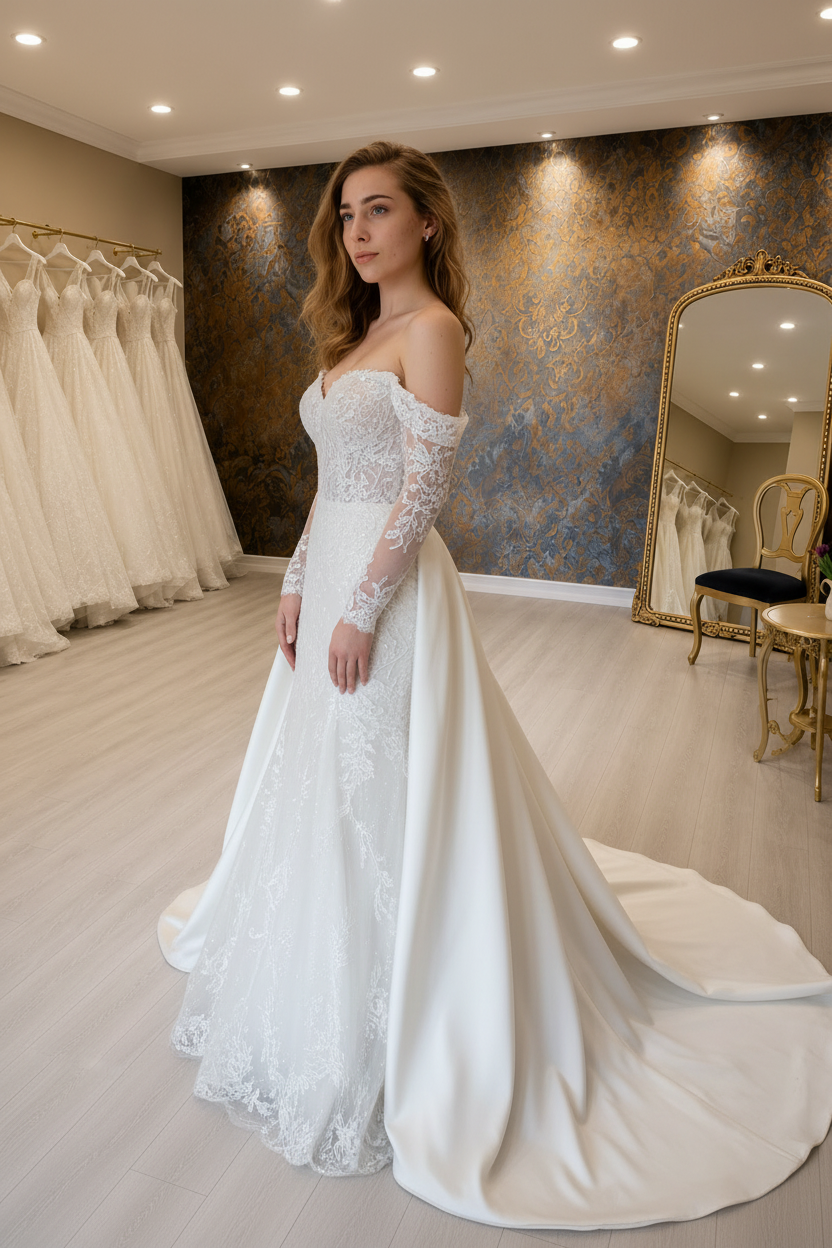 NIL-265 Off-Shoulder raso Ballgown - 3/4 Diagonal vista