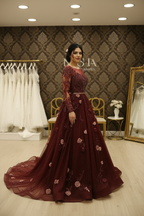 NIL-NS-233 Burgundy Rose Gold Crystal A-Line Engagement Dress - Front View