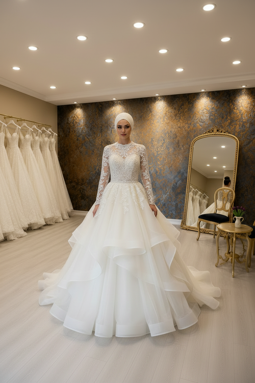 NIL-036 Soft Ivory Modest Hijab Princess Gown – Front View