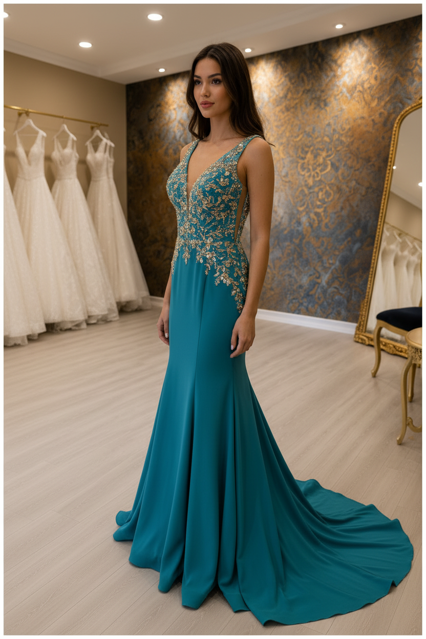 G21-NS-250 Teal Turquoise Gold Crystal Mermaid Engagement Dress